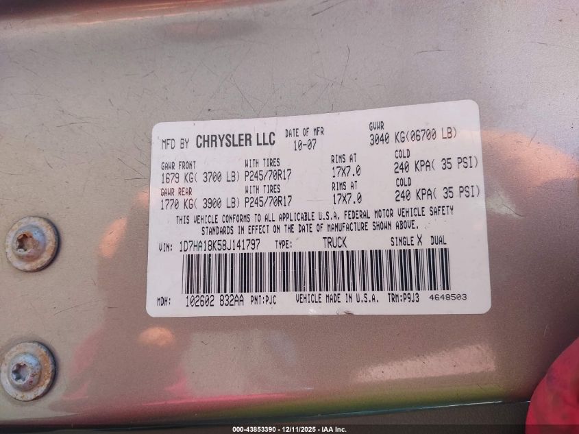 2008 Dodge Ram 1500 St/Sxt VIN: 1D7HA18K58J141797 Lot: 43853390