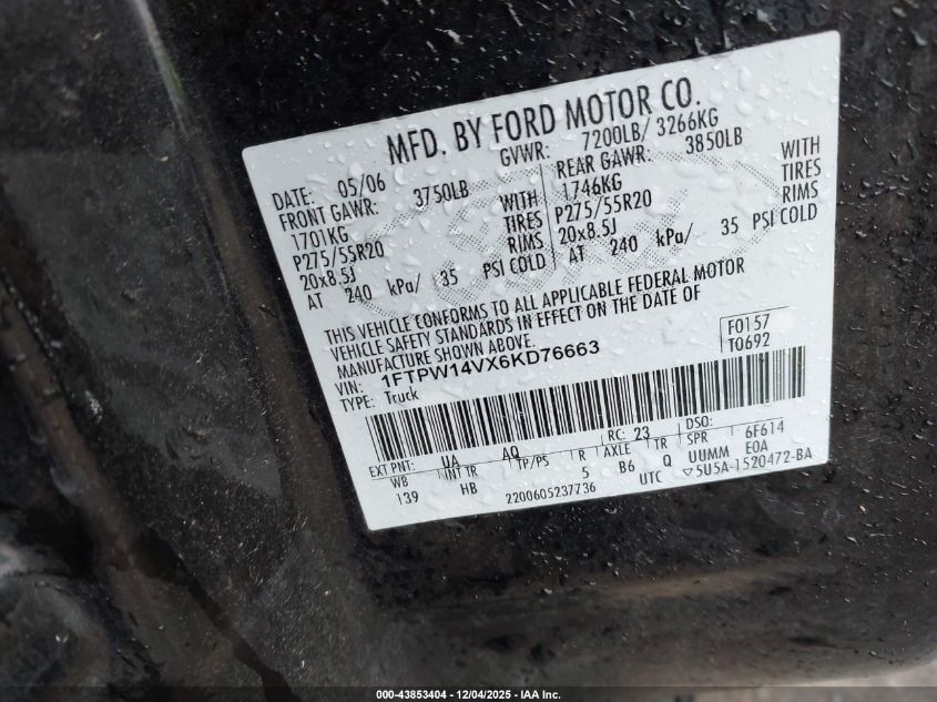 2006 Ford F-150 Fx4/Lariat/Xlt VIN: 1FTPW14VX6KD76663 Lot: 43853404