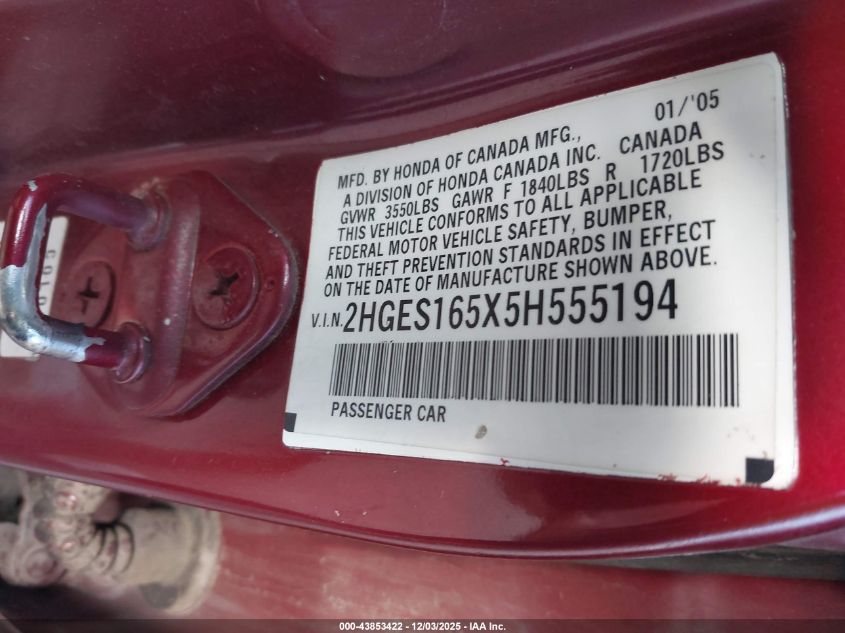 2005 Honda Civic Lx VIN: 2HGES165X5H555194 Lot: 43853422