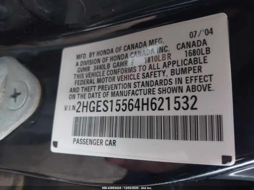 2004 Honda Civic Lx VIN: 2HGES15564H621532 Lot: 43853424