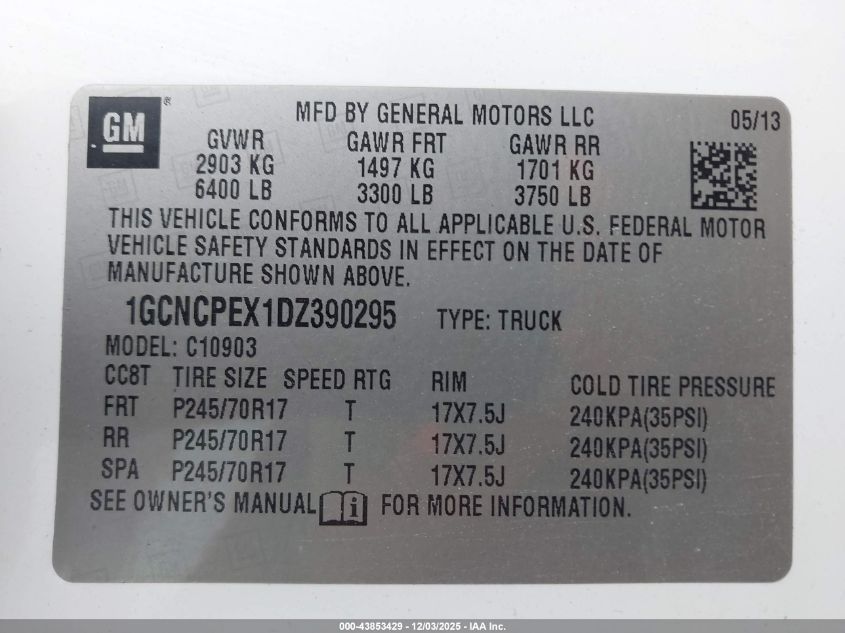 2013 Chevrolet Silverado 1500 Work Truck VIN: 1GCNCPEX1DZ390295 Lot: 43853429