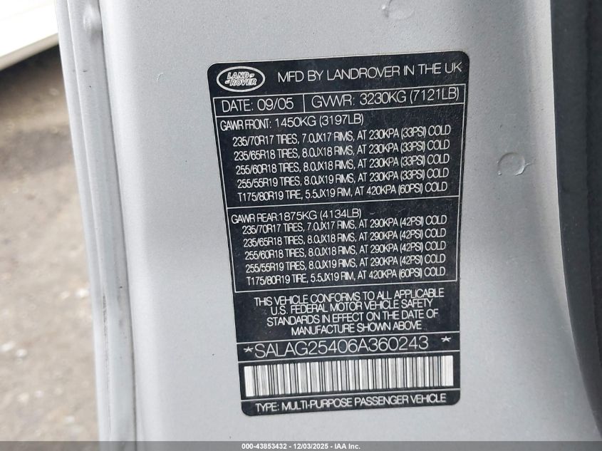 2006 Land Rover Lr3 V8 Hse VIN: SALAG25406A360243 Lot: 43853432