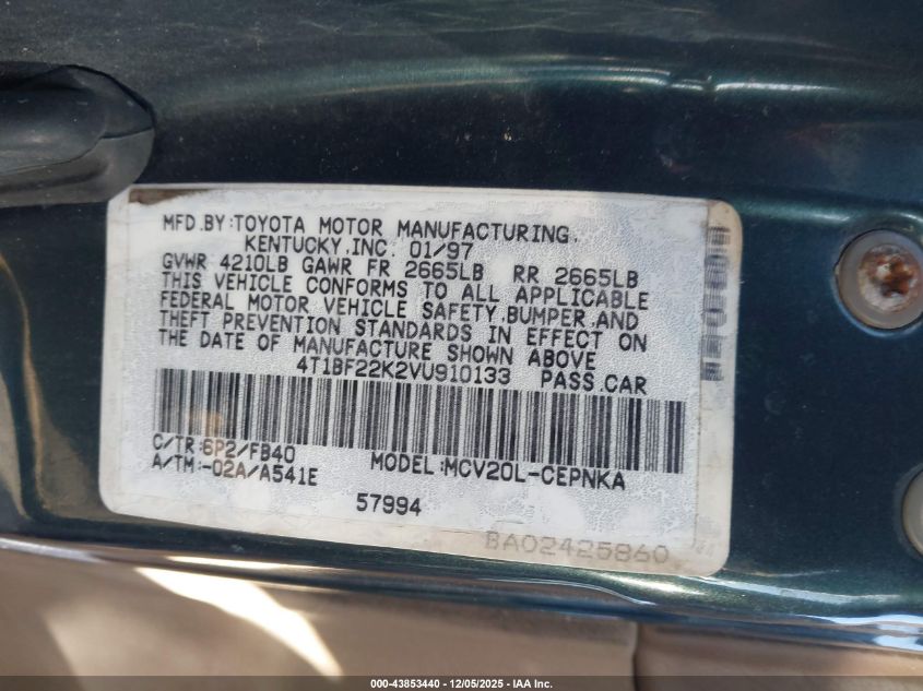 1997 Toyota Camry Le V6 VIN: 4T1BF22K2VU910133 Lot: 43853440