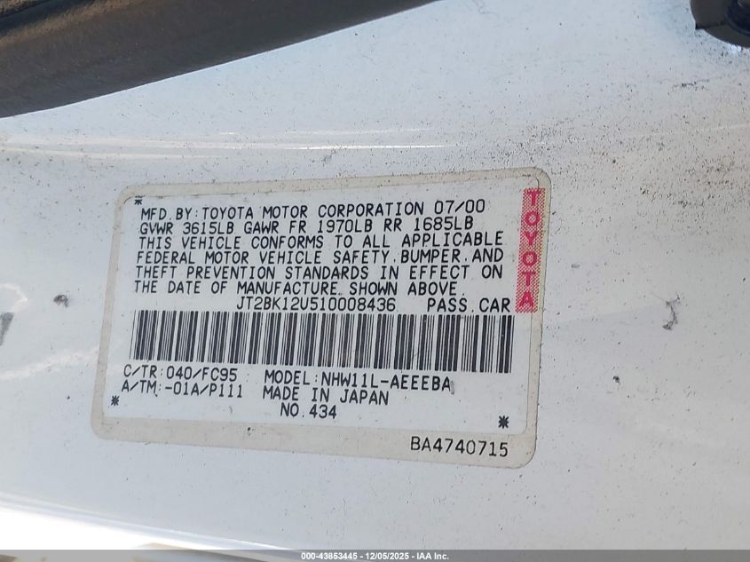 2001 Toyota Prius VIN: JT2BK12U510008436 Lot: 43853445