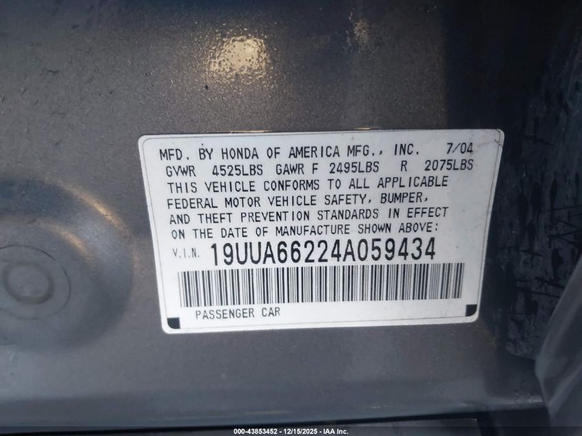 2004 Acura Tl VIN: 19UUA66224A059434 Lot: 43853452