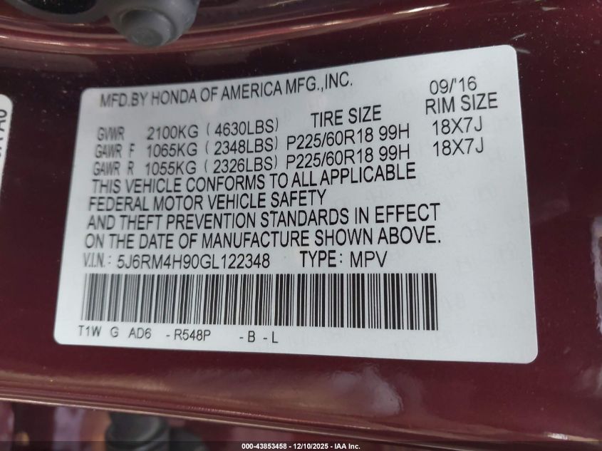 2016 Honda Cr-V Touring VIN: 5J6RM4H90GL122348 Lot: 43853458
