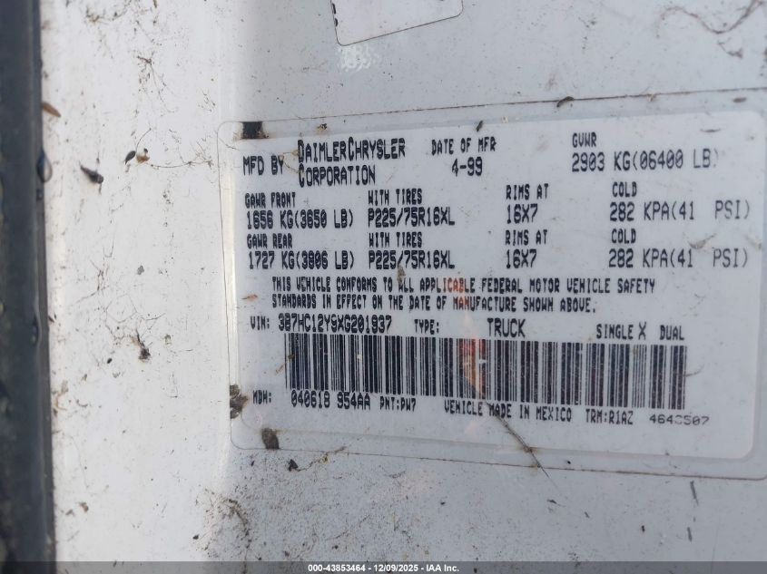 1999 Dodge Ram 1500 St VIN: 3B7HC12Y9XG201937 Lot: 43853464