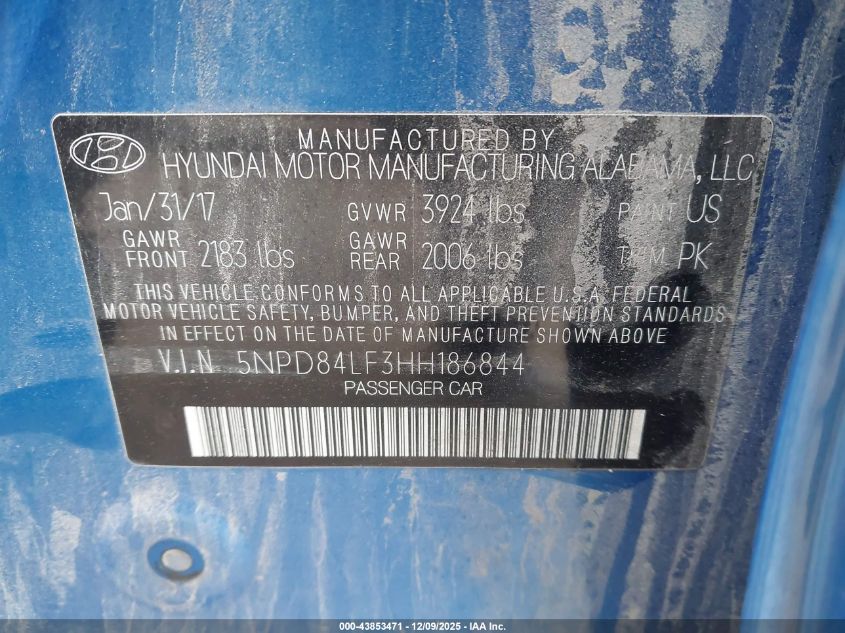 2017 Hyundai Elantra Se VIN: 5NPD84LF3HH186844 Lot: 43853471