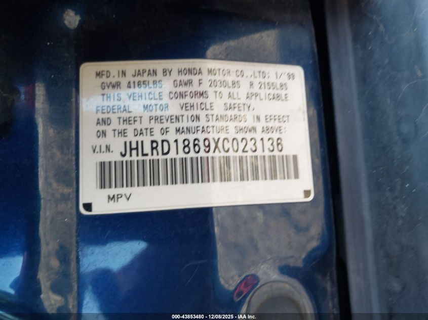 1999 Honda Cr-V Ex VIN: JHLRD1869XC023136 Lot: 43853480