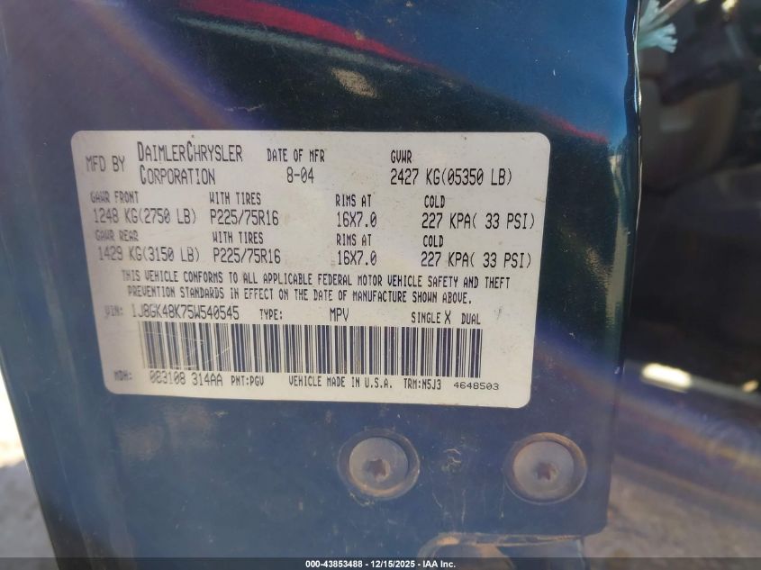 2005 Jeep Liberty Sport VIN: 1J8GK48K75W540545 Lot: 43853488