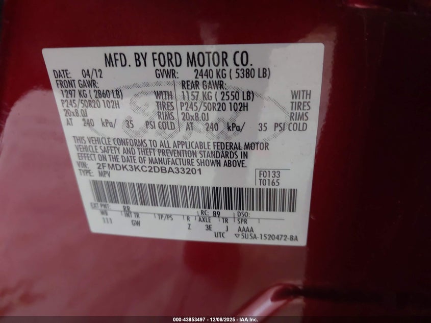 2FMDK3KC2DBA33201 2013 FORD EDGE photo no. 9