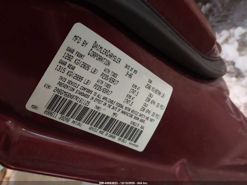 2007 Chrysler Pacifica Touring VIN: 2A8GM68X07R161125 Lot: 43853523