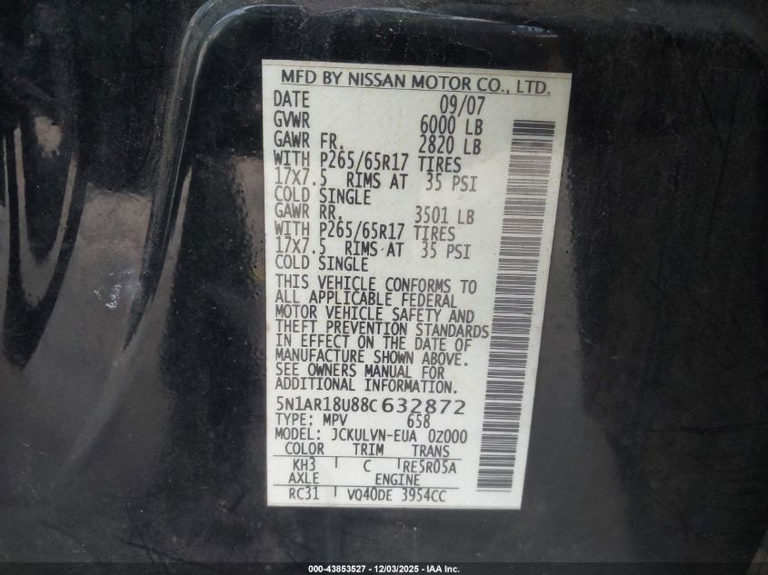 2008 Nissan Pathfinder Le VIN: 5N1AR18U88C632872 Lot: 43853527