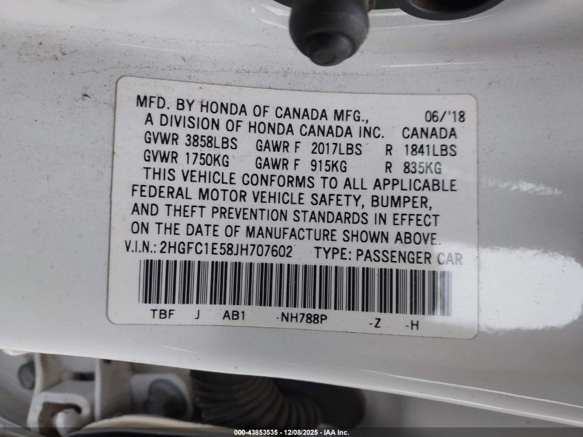 2018 Honda Civic Si VIN: 2HGFC1E58JH707602 Lot: 43853535
