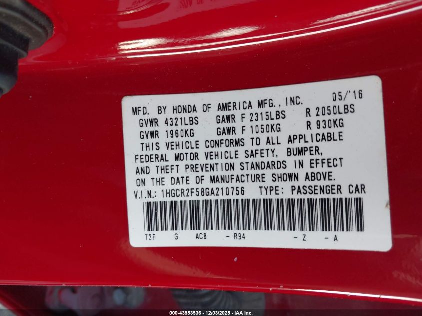 2016 Honda Accord Sport VIN: 1HGCR2F58GA210756 Lot: 43853536