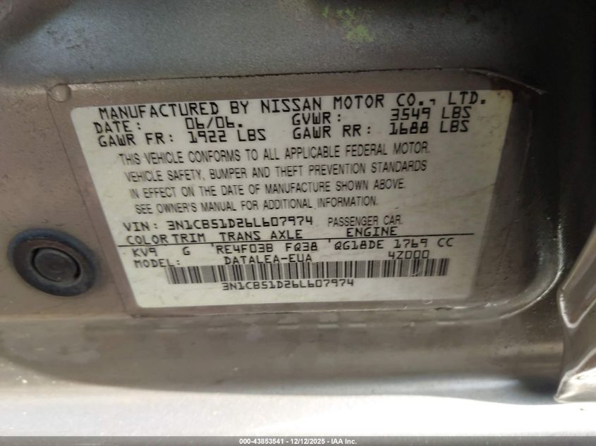 2006 Nissan Sentra 1.8S VIN: 3N1CB51D26L607974 Lot: 43853541