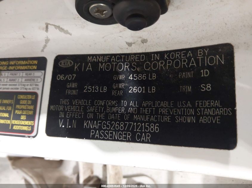 2007 Kia Rondo Ex V6 VIN: KNAFG526877121586 Lot: 43853545