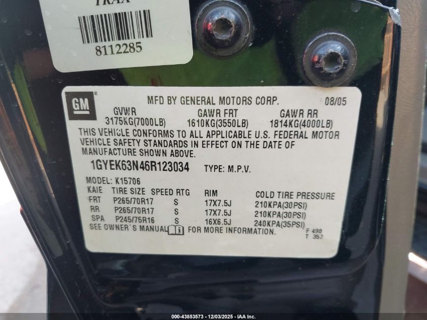 2006 Cadillac Escalade Standard VIN: 1GYEK63N46R123034 Lot: 43853573