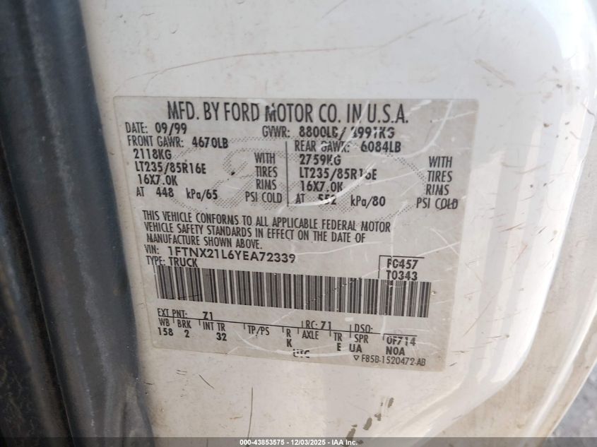 2000 Ford F-250 Lariat/Xl/Xlt VIN: 1FTNX21L6YEA72339 Lot: 43853575