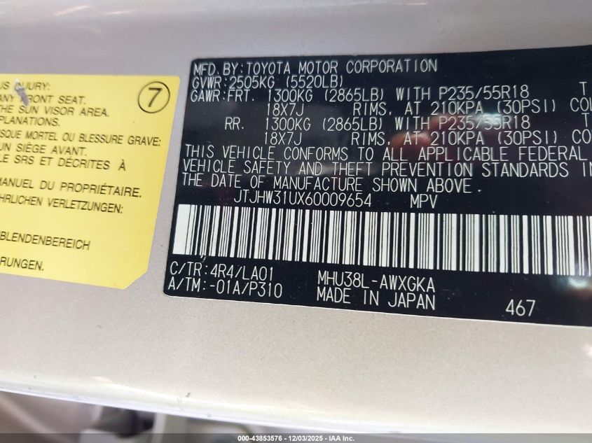 2006 Lexus Rx 400H VIN: JTJHW31UX60009654 Lot: 43853576