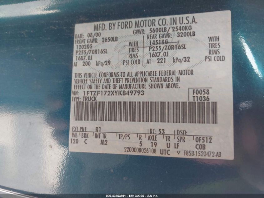2000 Ford F-150 Work Series/Xl/Xlt VIN: 1FTZF172XYKB49793 Lot: 43853591
