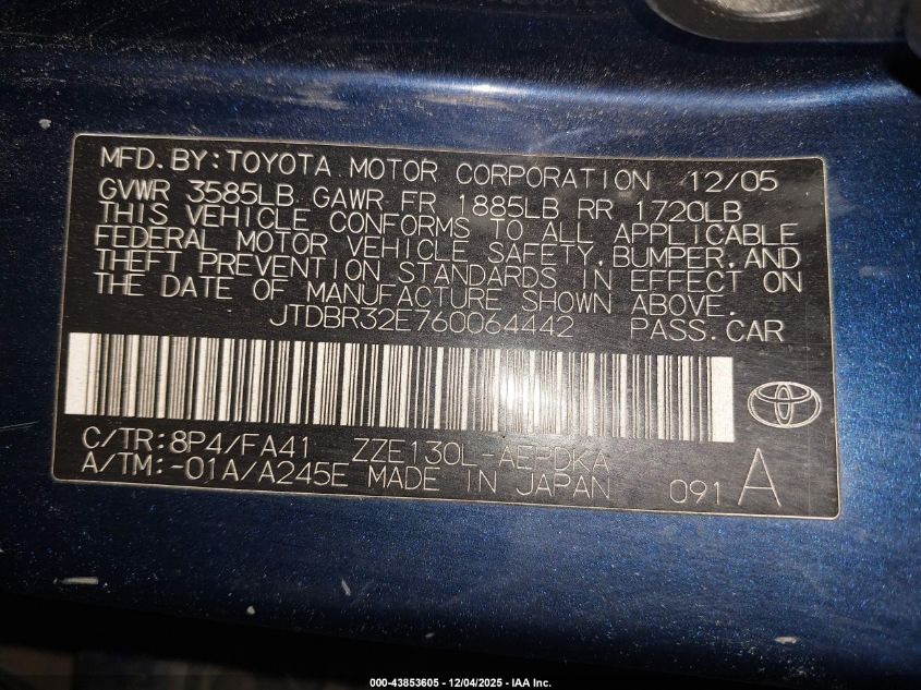 2006 Toyota Corolla Ce VIN: JTDBR32E760064442 Lot: 43853605