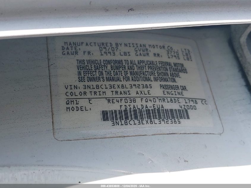 2008 Nissan Versa 1.8S VIN: 3N1BC13EX8L392385 Lot: 43853608