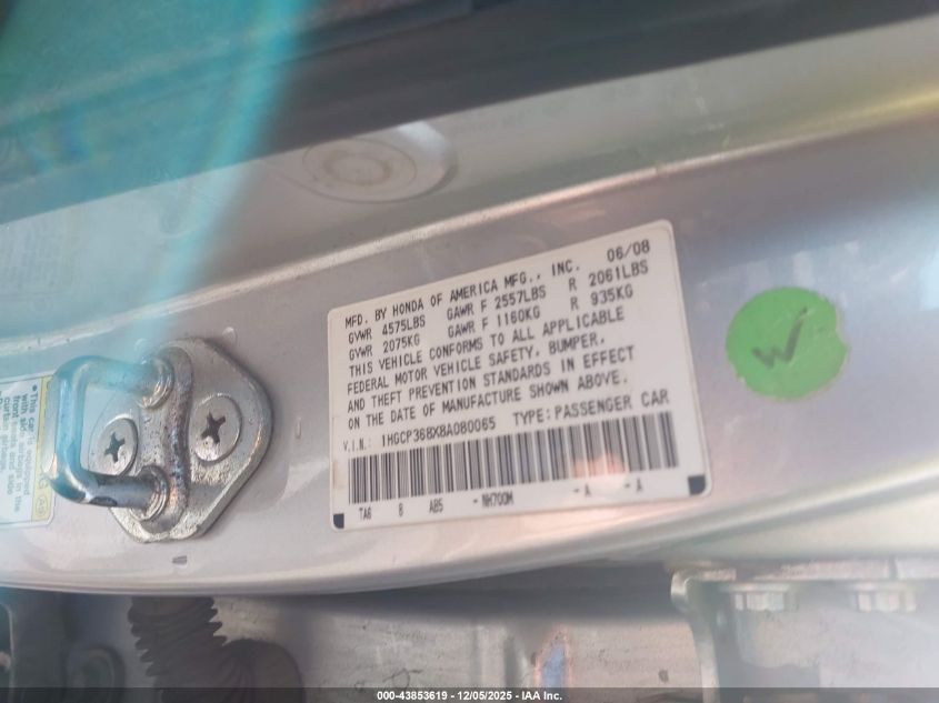 2008 Honda Accord 3.5 Ex-L VIN: 1HGCP368X8A080065 Lot: 43853619