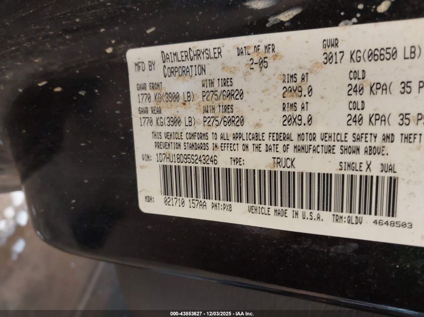 2005 Dodge Ram 1500 Slt/Laramie VIN: 1D7HU18D95S243246 Lot: 43853627