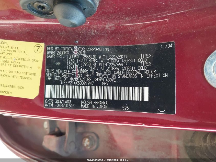 2005 Toyota Highlander Limited V6 VIN: JTEEP21AX50091947 Lot: 43853636