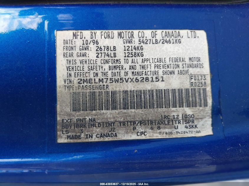 1997 Mercury Grand Marquis Ls VIN: 2MELM75W5VX628151 Lot: 43853637