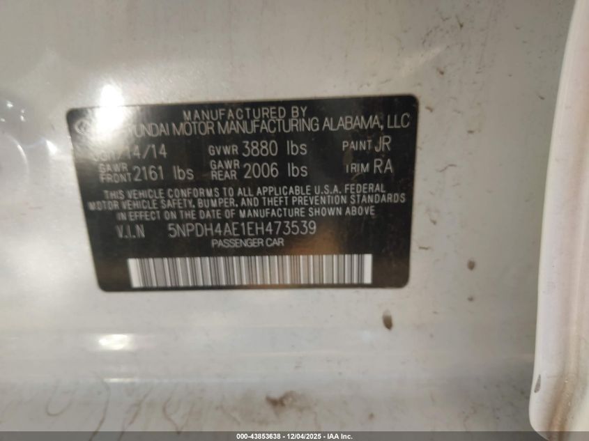 2014 Hyundai Elantra Se VIN: 5NPDH4AE1EH473539 Lot: 43853638