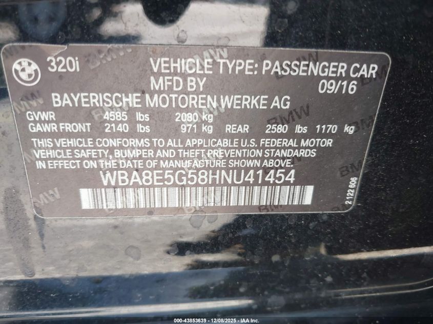 2017 BMW 320I xDrive VIN: WBA8E5G58HNU41454 Lot: 43853639