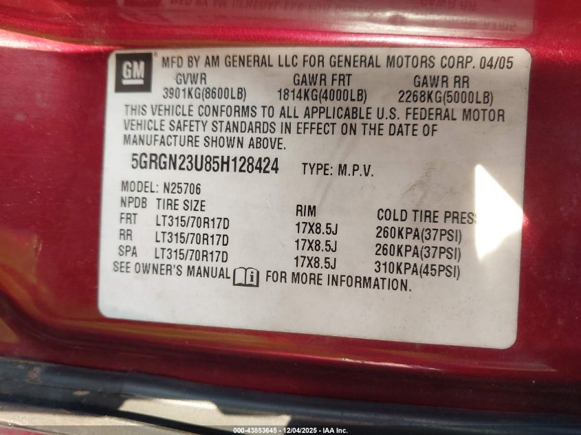 2005 Hummer H2 Suv VIN: 5GRGN23U85H128424 Lot: 43853645