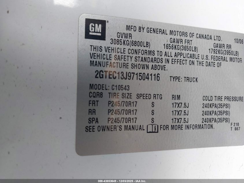 2007 GMC Sierra 1500 Sle1 VIN: 2GTEC13J971504116 Lot: 43853649