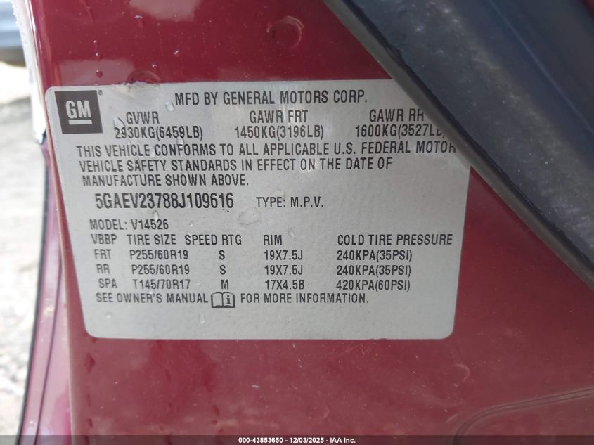 2008 Buick Enclave Cxl VIN: 5GAEV23788J109616 Lot: 43853650