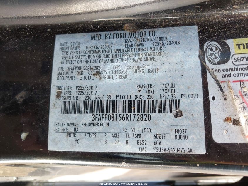 2006 Ford Fusion Sel VIN: 3FAFP08156R172820 Lot: 43853659