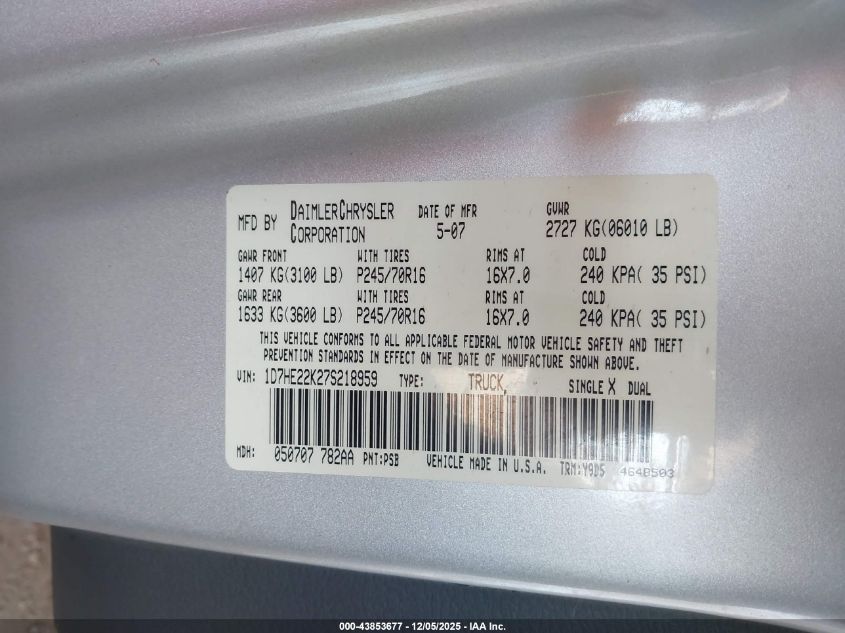 2007 Dodge Dakota St VIN: 1D7HE22K27S218959 Lot: 43853677