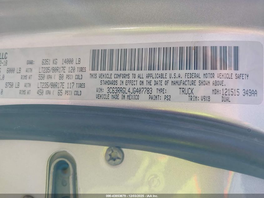 2018 Ram 3500 Tradesman 4X4 8' Box VIN: 3C63RRGL4JG407783 Lot: 43853679