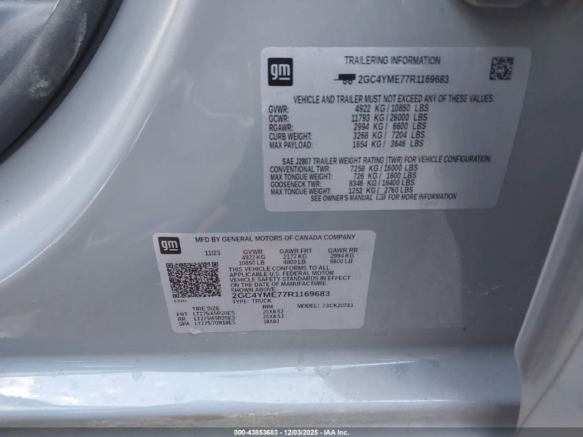 2024 Chevrolet Silverado 2500Hd 4Wd Standard Bed Custom VIN: 2GC4YME77R1169683 Lot: 43853683