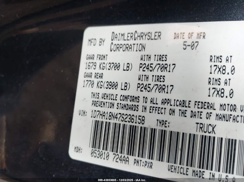 2007 Dodge Ram 1500 Slt VIN: 1D7HA18N47S236158 Lot: 43853685