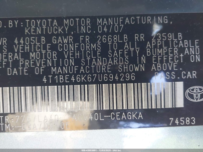 4T1BE46K67U694296 2007 TOYOTA CAMRY photo no. 9