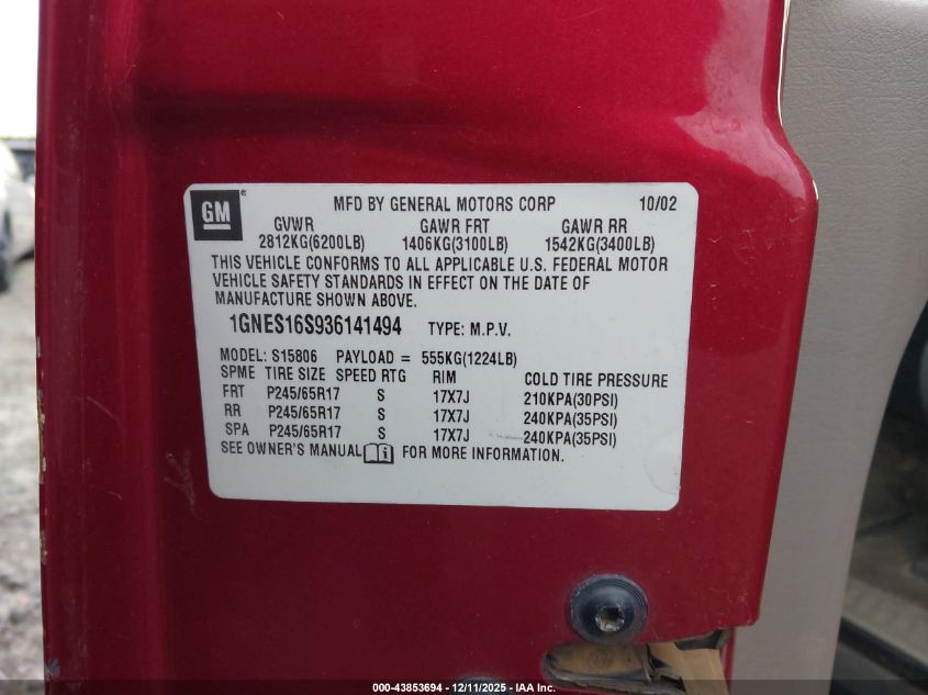 2003 Chevrolet Trailblazer Ext Lt VIN: 1GNES16S936141494 Lot: 43853694