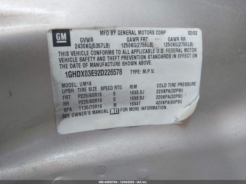 2002 Oldsmobile Silhouette Gls VIN: 1GHDX03E92D226578 Lot: 43853704