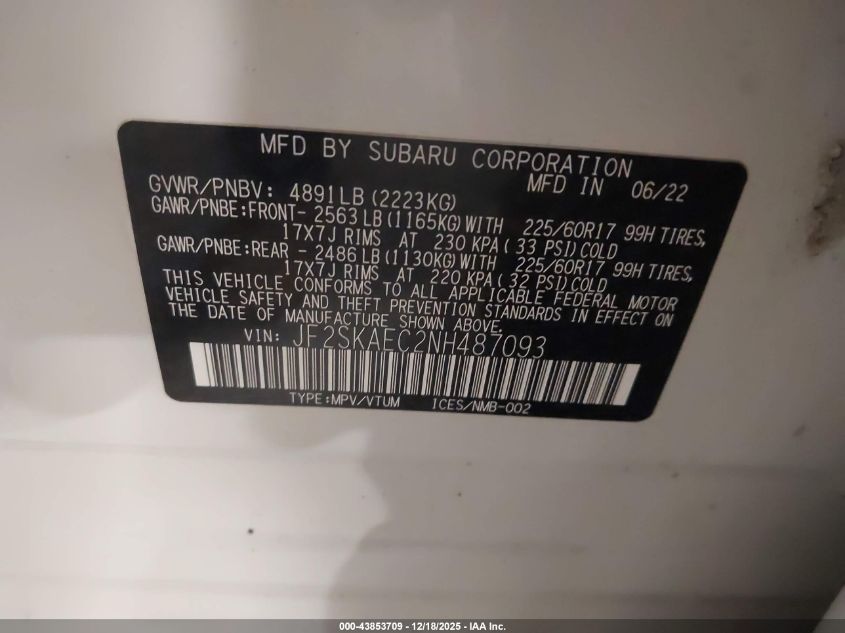 2022 Subaru Forester Premium VIN: JF2SKAEC2NH487093 Lot: 43853709