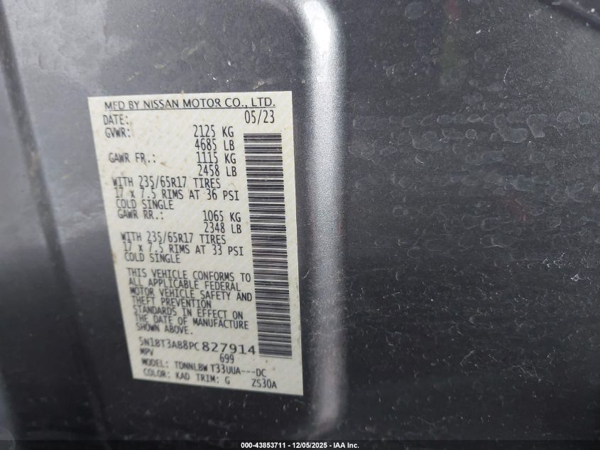 2023 Nissan Rogue S Intelligent Awd VIN: 5N1BT3AB8PC827914 Lot: 43853711