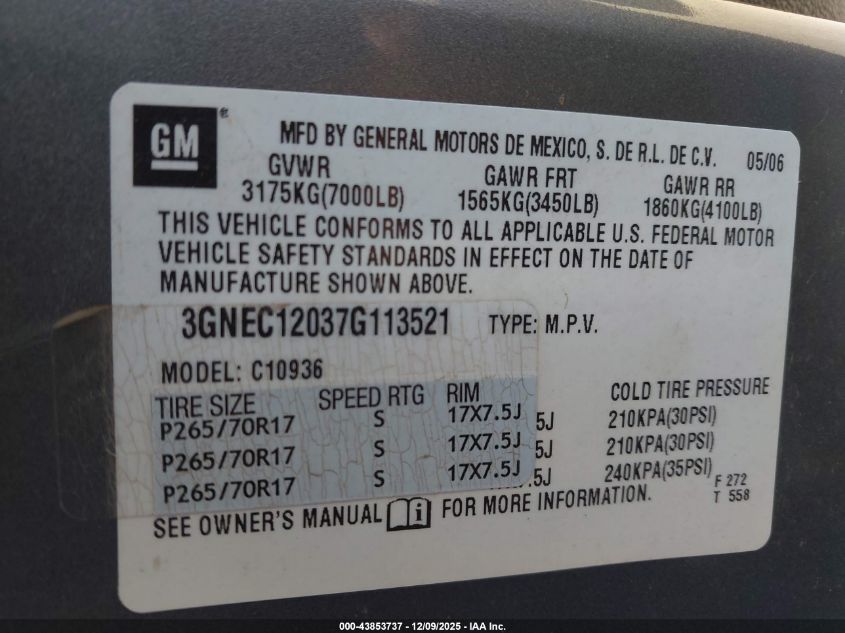 2007 Chevrolet Avalanche 1500 Lt VIN: 3GNEC12037G113521 Lot: 43853737