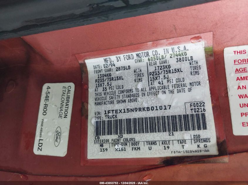 1994 Ford F150 VIN: 1FTEX15N9RKB01017 Lot: 43853753