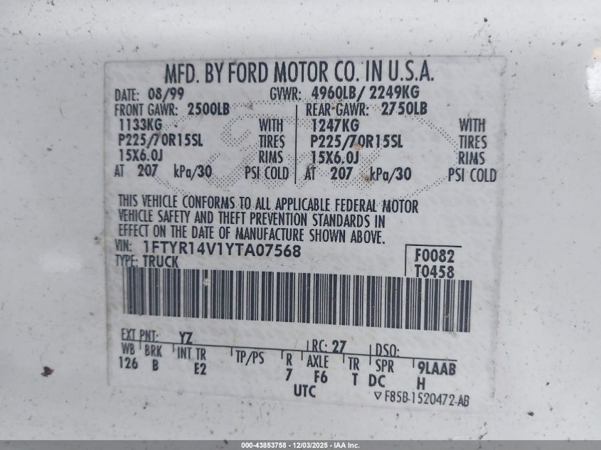 2000 Ford Ranger Xl/Xlt VIN: 1FTYR14V1YTA07568 Lot: 43853758
