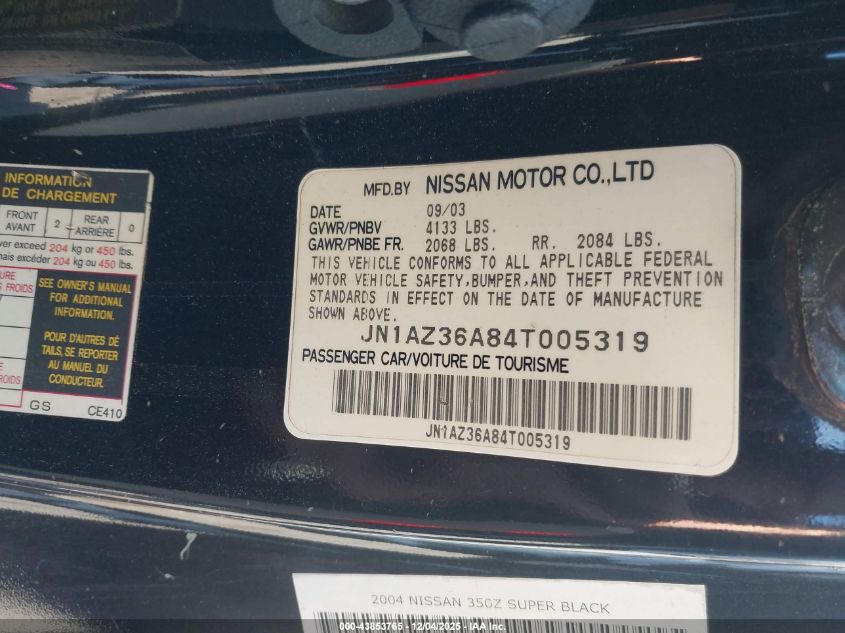 2004 Nissan 350Z Touring VIN: JN1AZ36A84T005319 Lot: 43853765